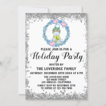 Winter Blue Wreath Christmas Holiday Party Silver Invitation