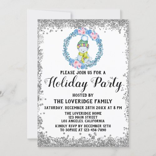 Winter Blue Wreath Christmas Holiday Party Silver Invitation