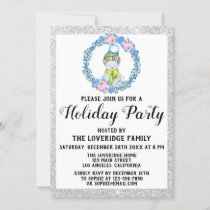 Winter Blue Wreath Christmas Holiday Party Silver Invitation