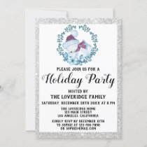 Winter Blue Wreath Christmas Holiday Party Silver Invitation