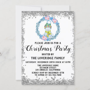 Winter Blue Wreath Holiday Christmas Party Silver Invitation