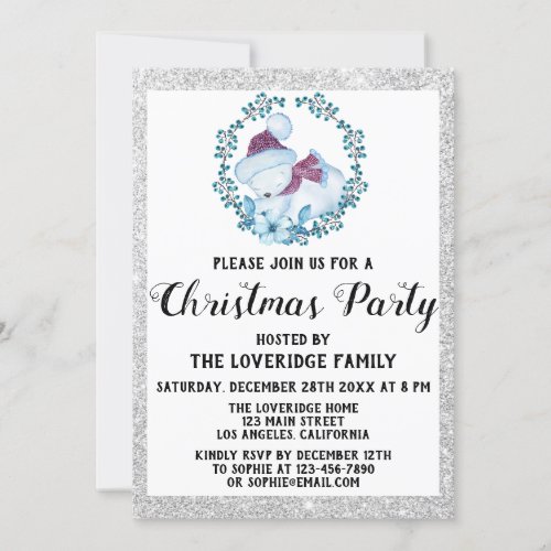 Winter Blue Wreath Holiday Christmas Party Silver Invitation