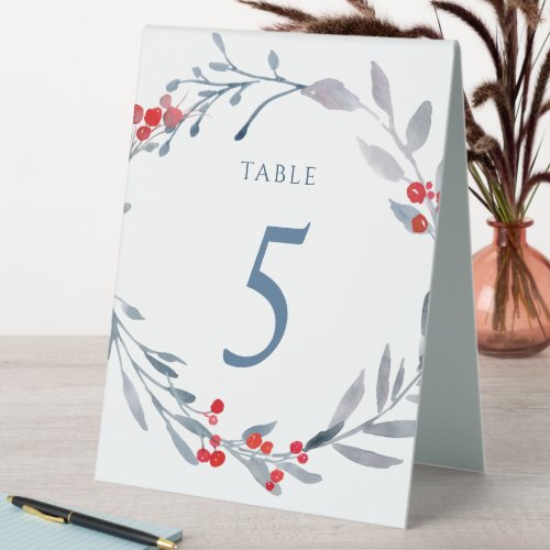 winter blue wreath table number five sign