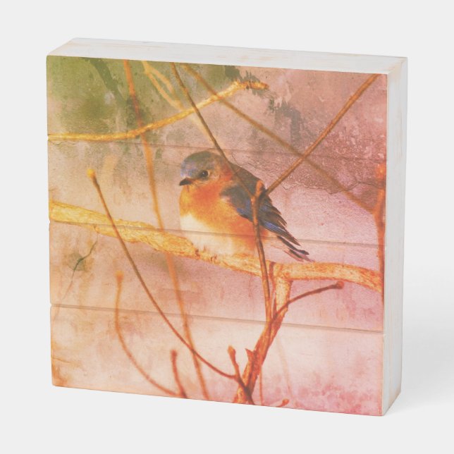 Winter Bluebird Abstract Distressed Wooden Box Sign (Angled Horizontal)