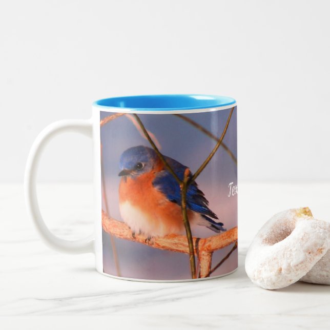 Winter Bluebird Animal Personalized Two-Tone Coffee Mug (With Donut)