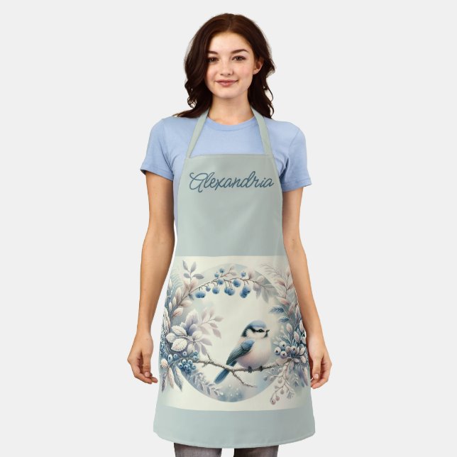 Winter Bluebird Berry Wreath Apron (Worn)