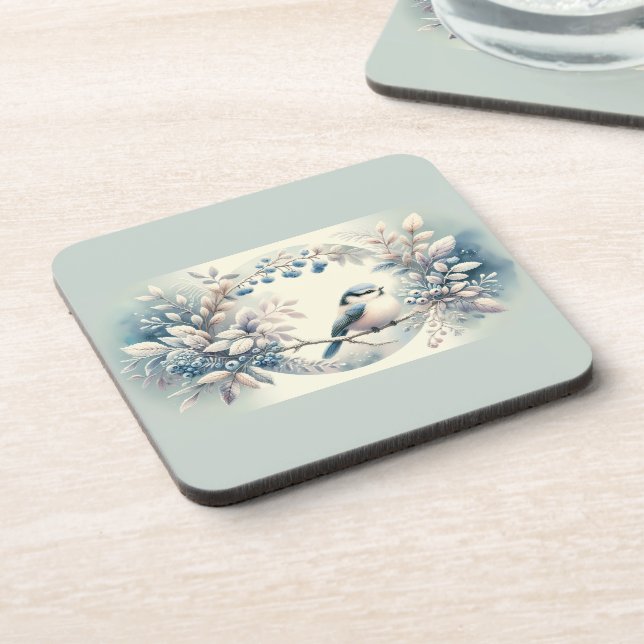 Winter Bluebird Berry Wreath Beverage Coaster (Left Side)