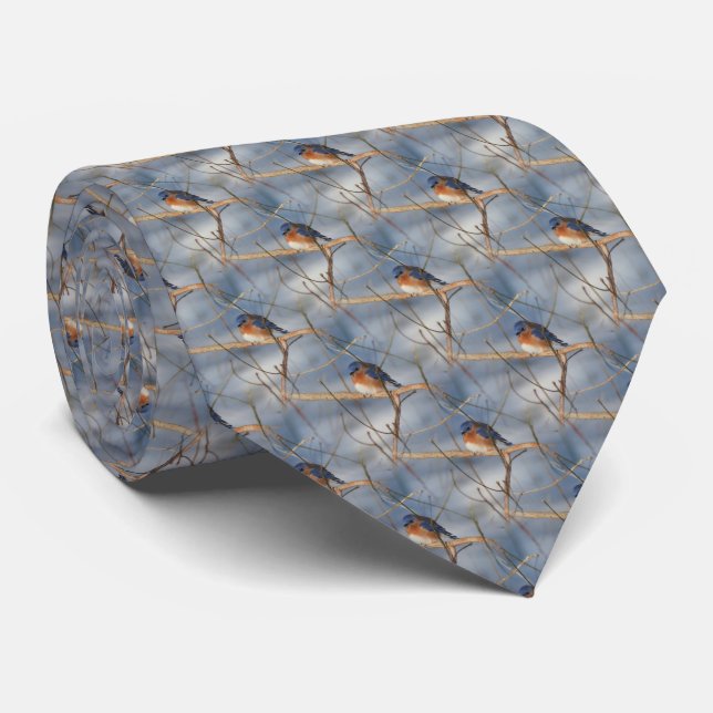 Winter Bluebird Nature Pattern Neck Tie (Rolled)