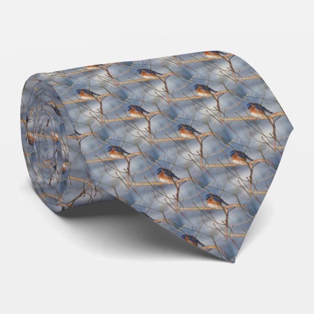 Winter Bluebird Nature Pattern Neck Tie (Rolled)