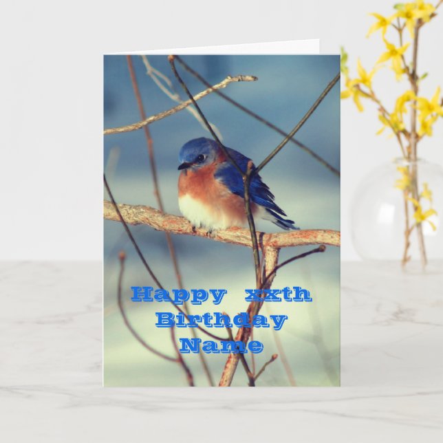 Winter Bluebird Personalized Birthday Card (Yellow Flower)