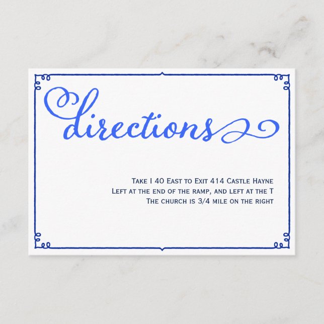 Winter Blues Calligraphy Wedding Directions Card (Front)