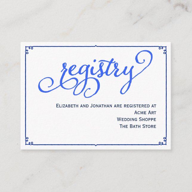 Winter Blues Calligraphy Wedding Registry Card (Front)