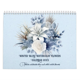Winter Blues Watercolor Flowers 20xx Calendar