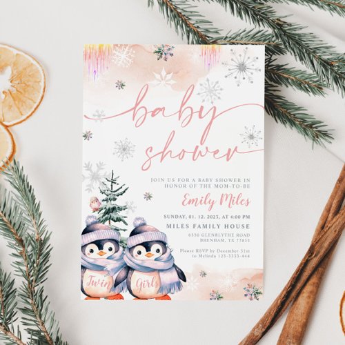 Winter blush and pink penguin Twins Baby Shower Invitation