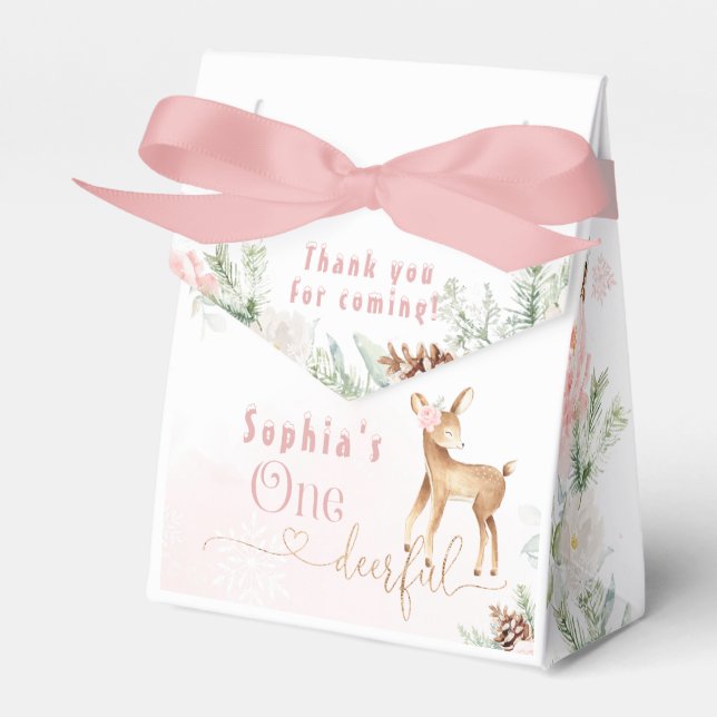 Winter blush pink first birthday deer favor boxes (Front Side)