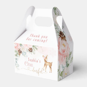 Winter blush pink first birthday deer favor boxes