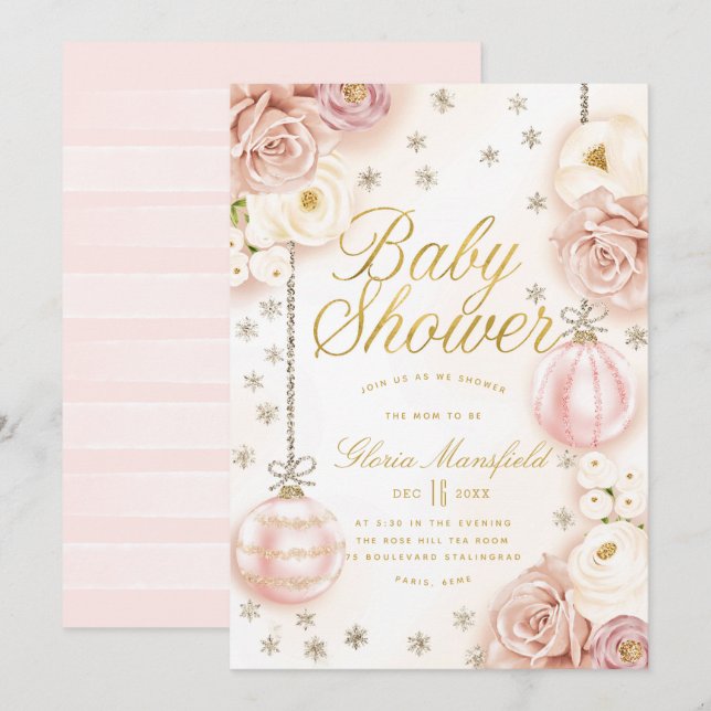 Winter Blush Pink Floral Baby Shower Invitation (Front/Back)