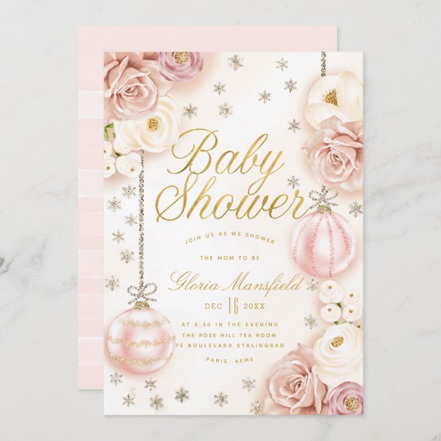 Winter Blush Pink Floral Baby Shower Invitation (Front/Back)