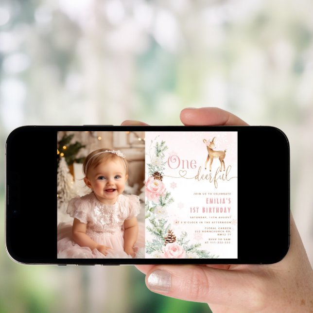Winter Blush pink One-deer-ful 1st birthday photo Invitation (Front Digital)
