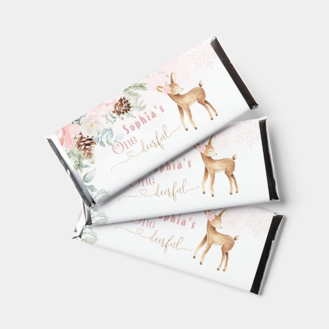 Winter blush pink One-deer-ful birthday treat Hershey Bar Favors (Front)