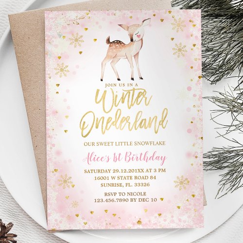 Winter Blush Pink Snowflakes Onederland Birthday Invitation