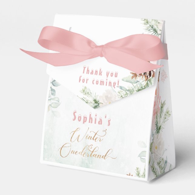 Winter blush pink winter onederland girl birthday favor boxes (Front Side)