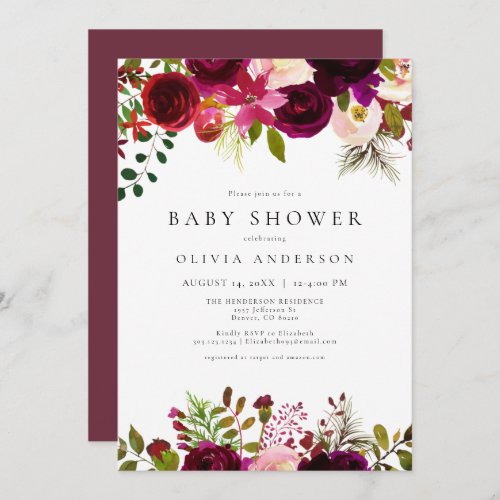 Winter Bohemian Burgundy Floral Baby Shower Invitation