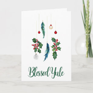 Winter Boho Blue Feathers & Holly Yule Solstice Card