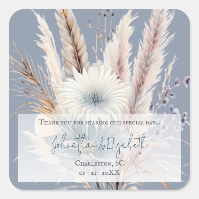 Winter Boho Floral Wedding Favor | Blue Square Sticker (Front)