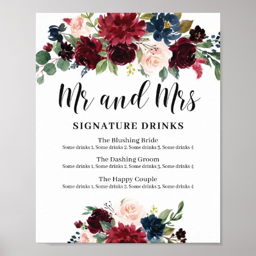 Winter Boho Floral Wedding signature drinks sign