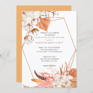 Winter Boho Flower Leaves Feather Wedding Invitation