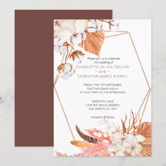 Winter Boho Flower Leaves Feather Wedding Invitation