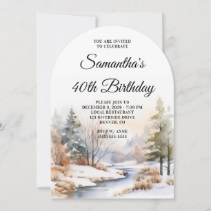 Winter Boho Forest Watercolor Photo 40th Birthday Invitation