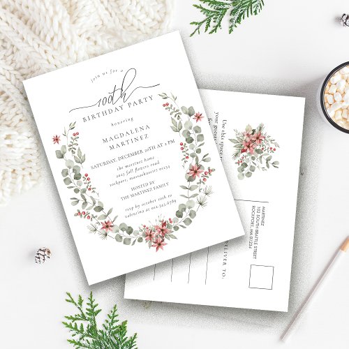 Winter Boho Greenery Red Floral 100th Birthday Invitation Postcard