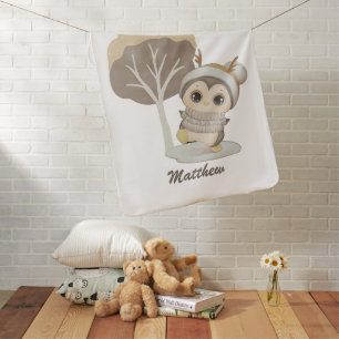 Winter Boho Penguin With Name Baby Blanket