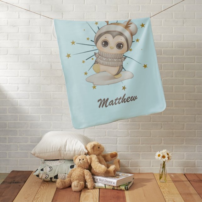 Winter Boho Penguin With Stars And Name Baby Blanket (In Situ)