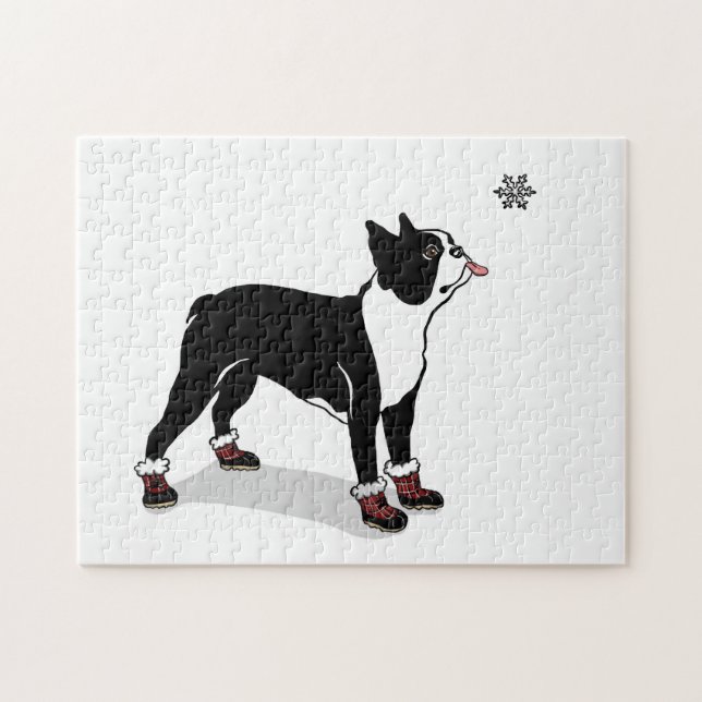 Winter Boston Terrier Dog Puzzle with Gift Box (Horizontal)