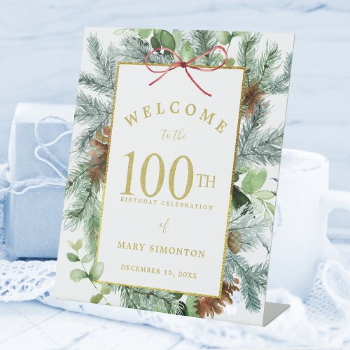 Winter Botanical 100th Birthday Party Welcome Pedestal Sign