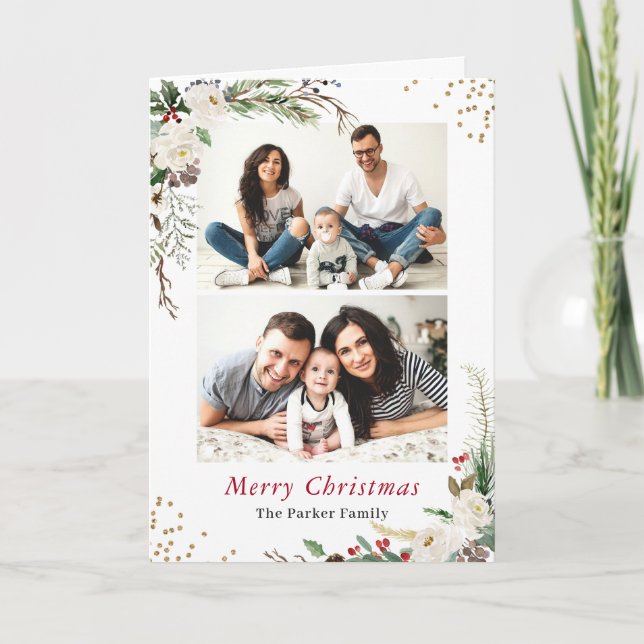 Winter Botanical 2 Photo Collage Folded Greeting Holiday Card (Front)