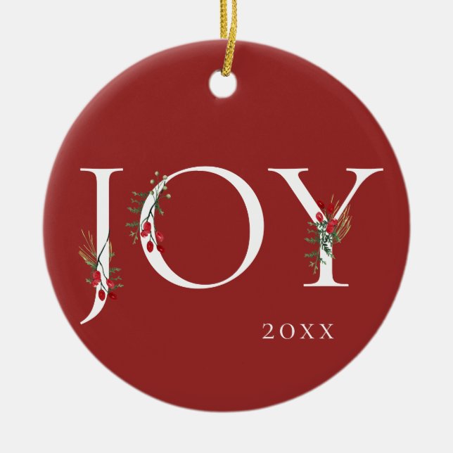 Winter Botanical Adorned Joy Christmas Ornament (Front)