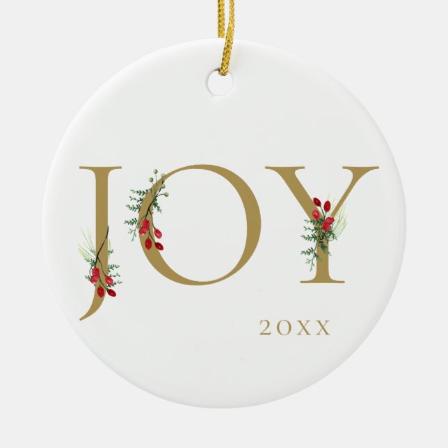 Winter Botanical Adorned Joy Christmas Ornament (Front)