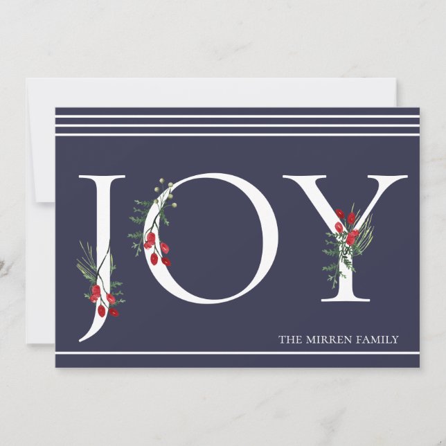 Winter Botanical Adorned Joy Flat Holiday Card (Front)