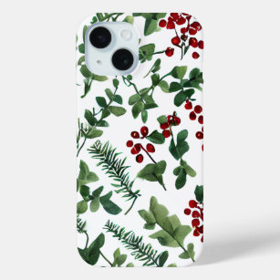 Winter Botanical Berries Pine & Leaves Print iPhone 15 Case