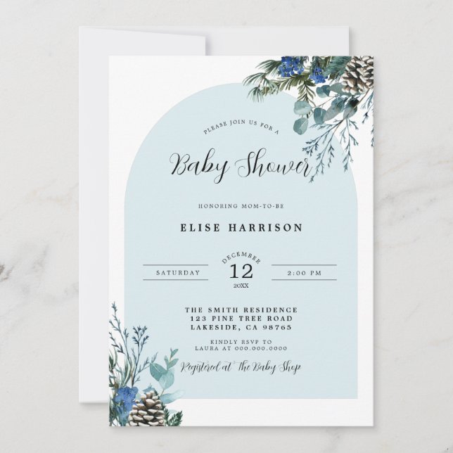 Winter Botanical Blue Arch Baby Shower Invitation (Front)