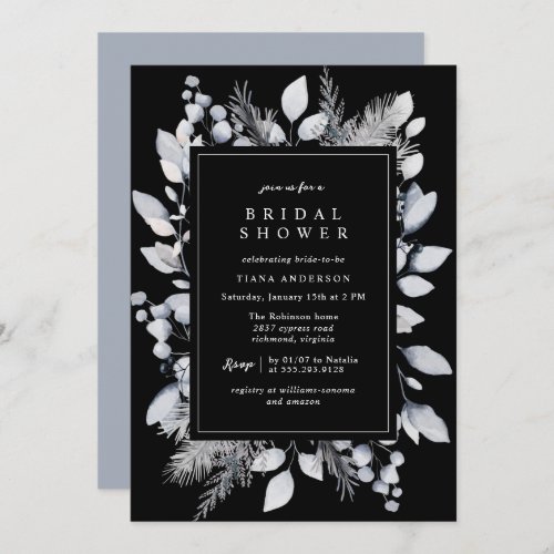 Winter Botanical  Blue Gray  Black Bridal Shower Invitation