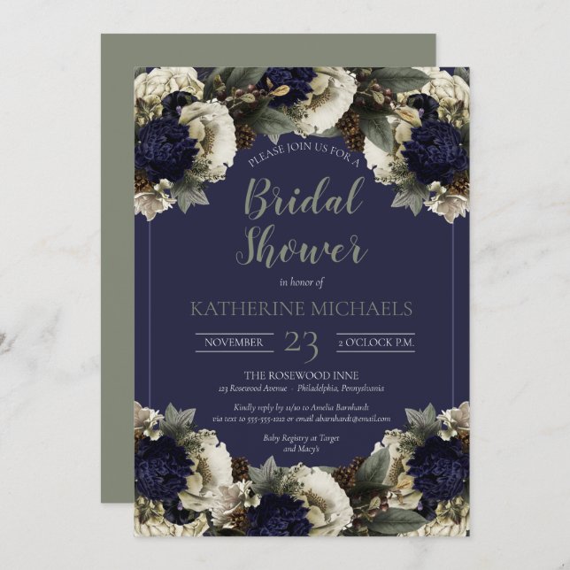 Winter Botanical Blue | Winter White Bridal Shower Invitation (Front/Back)