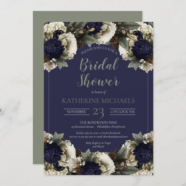 Winter Botanical Blue | Winter White Bridal Shower Invitation (Front/Back)