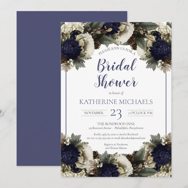 Winter Botanical Blue | Winter White Bridal Shower Invitation (Front/Back)