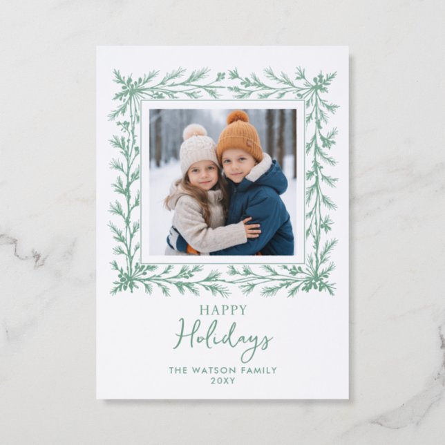 Winter botanical Christmas Holidays  Letterpress Photo Cards (Front)