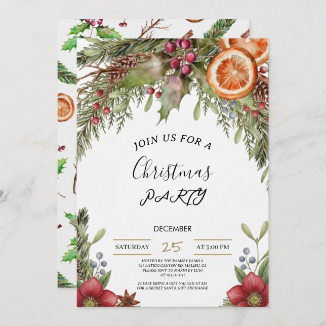 Winter Botanical Christmas Invite | Rustic Dinner  (Front/Back)